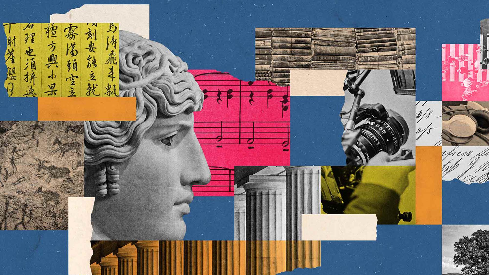 Collage style artwork with motifs from the visual arts, music, and world literature